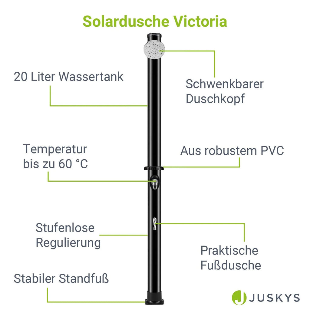 2025 Ducha Solar de Jardín Victoria 20 L Negra con Rociador Lluvia, Regulador de Temperatura y Ducha para Pies