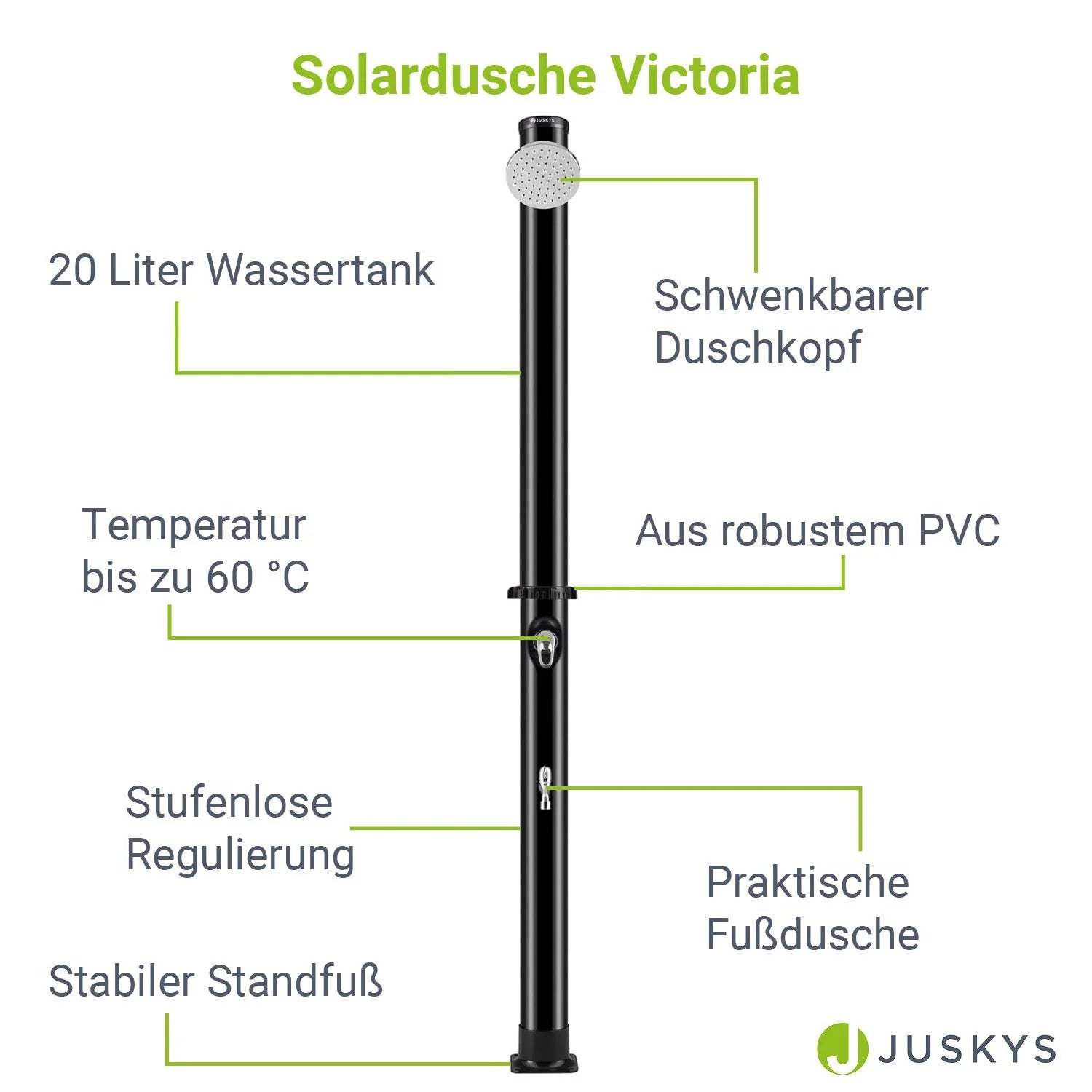 2025 Ducha Solar de Jardín Victoria 20 L Negra con Rociador Lluvia, Regulador de Temperatura y Ducha para Pies