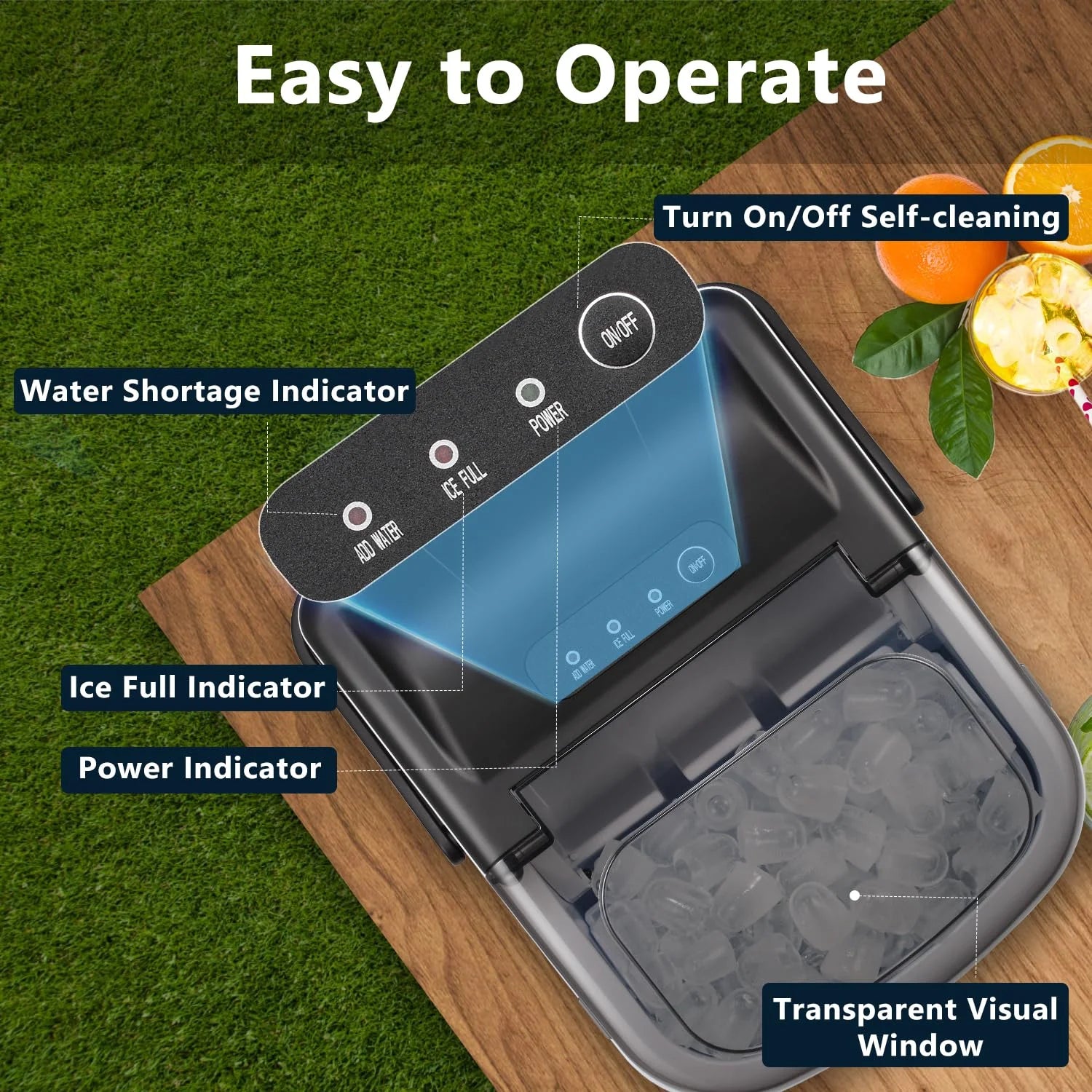 2025 Máquina de hacer hielo de mesa Joy Pebble Bullet con asa, produce 9 cubos de hielo esféricos en 6 minutos, capacidad de 11,8 kg/24 h, máquina portátil con autolimpieza, incluye cesta y pala, ideal para el hogar, cocina, camping y autocaravana.