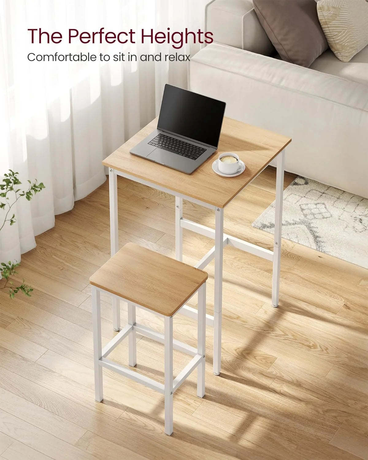 Conjunto de bar con mesa cuadrada y 2 taburetes, set de comedor para 2 personas, ahorro de espacio para cocina, rincón de desayuno, salón, sala de fiestas, en roble dorado y blanco nube