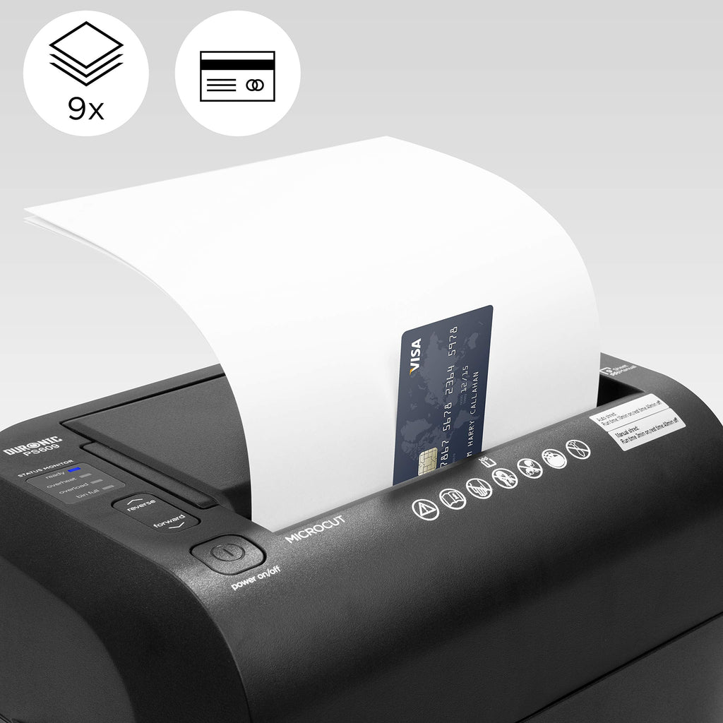 2025 Duronic Trituradora de corte cruzado PS609, capacidad para 9 hojas, trituradora eléctrica robusta para uso doméstico y oficina, destruye papel, tarjetas de crédito, sobres, documentos – Negro, P4