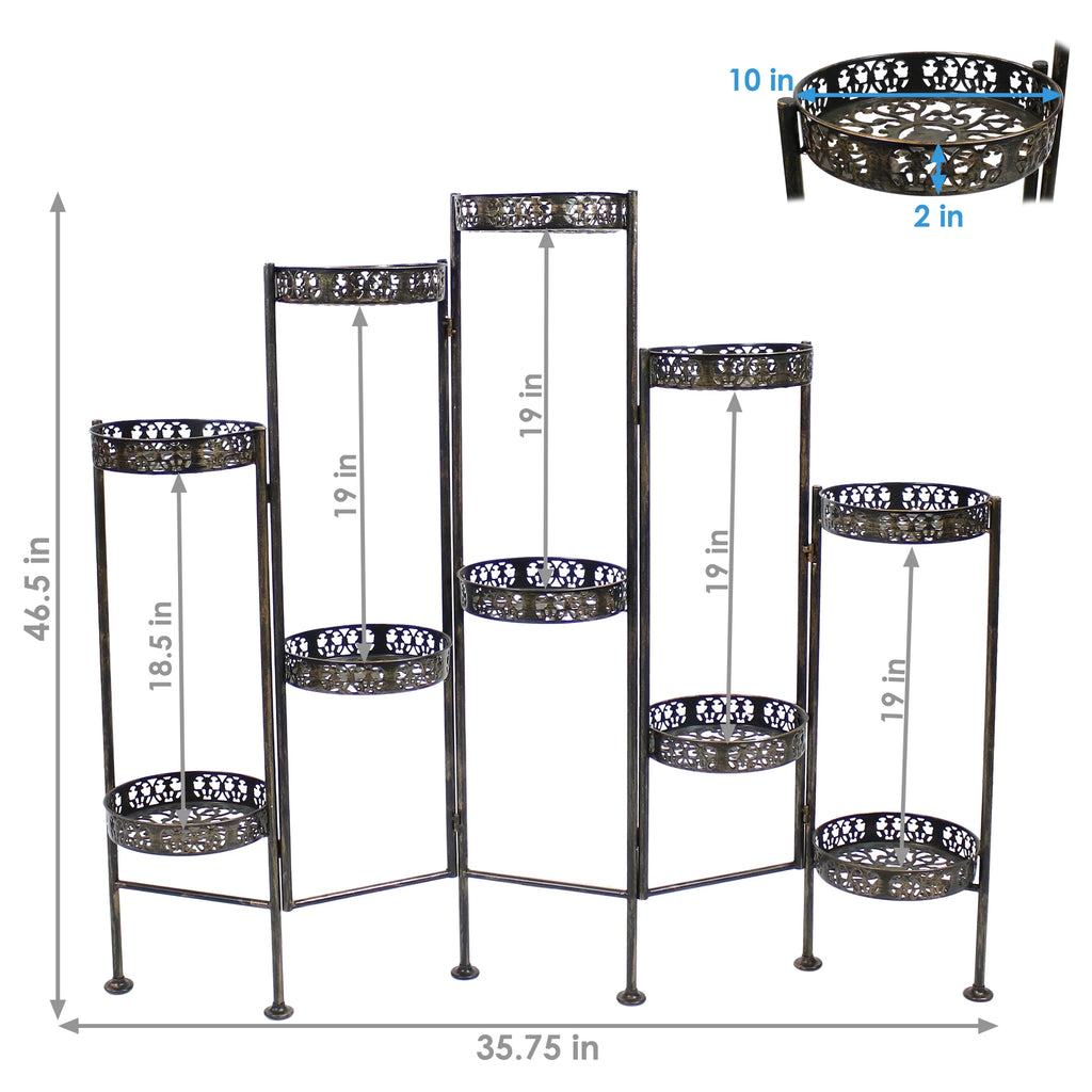 2025 Soporte Plegable para Plantas Sunnydaze de Acero en Bronce con 10 Niveles para Interior y Exterior - Altura 117 cm