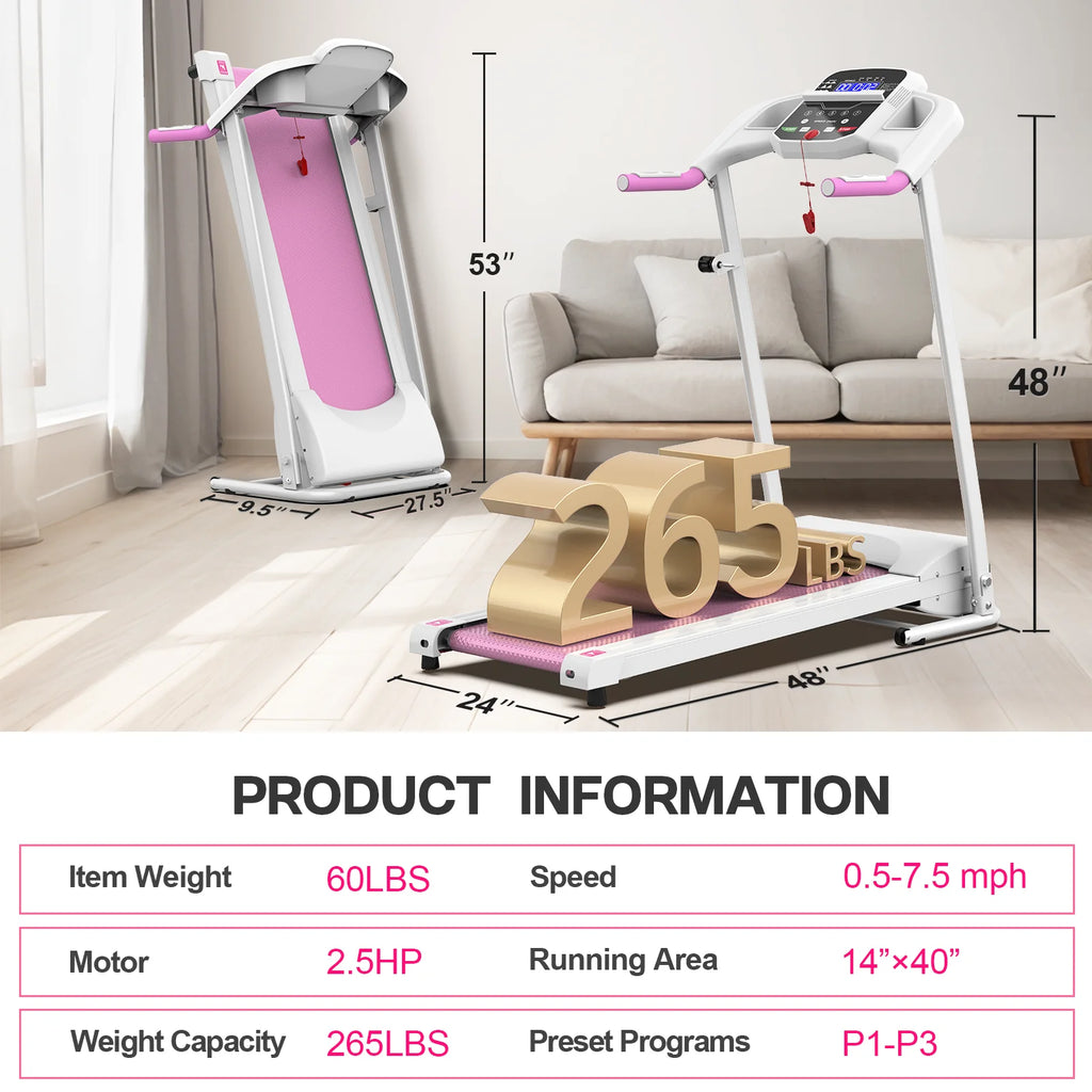 Cinta de correr plegable FYC para el hogar, 2,5 HP, velocidad hasta 12 km/h, motor eléctrico sin escobillas silencioso Proform para gimnasio en casa, tapiz con sensor de frecuencia cardíaca y pantalla LED (rosa)