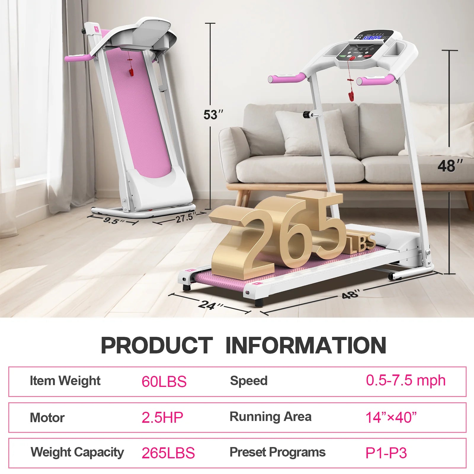 Cinta de correr plegable FYC para el hogar, 2,5 HP, velocidad hasta 12 km/h, motor eléctrico sin escobillas silencioso Proform para gimnasio en casa, tapiz con sensor de frecuencia cardíaca y pantalla LED (rosa)