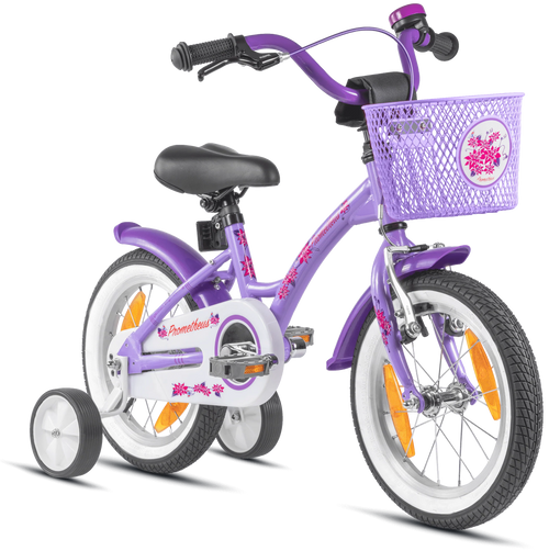 2025 Bicicleta Infantil de 14 Pulgadas con Ruedas de Apoyo, Violeta y Blanco, desde 3-4 Años
