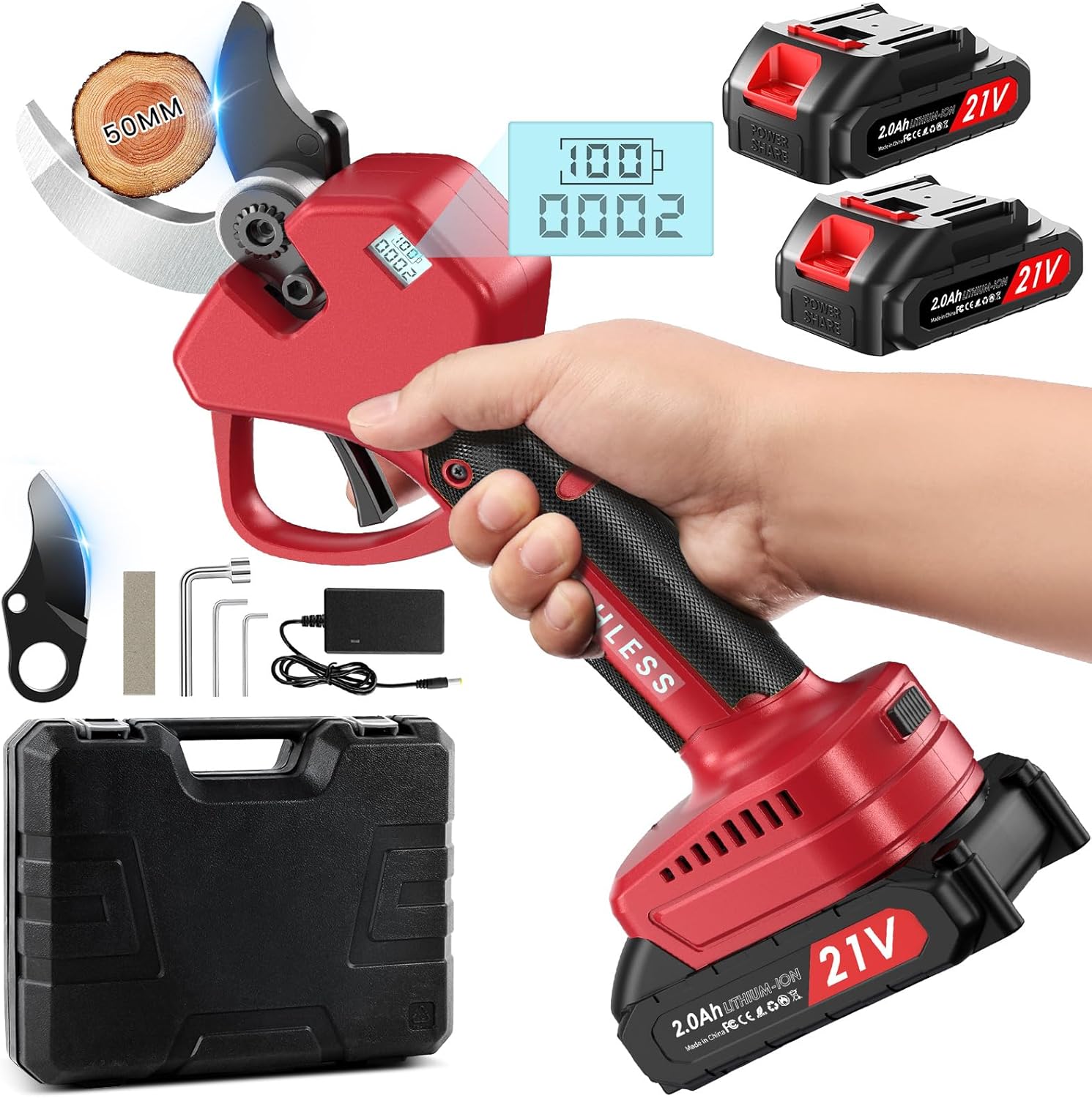 Electric Pruning Shears 50 mm, with Display, 2 Batteries 2000 mAh, Continued 4-8 Hours, Cutting Diameter is Adjustable in Two Gears (35/50 mm), Suitable for Orchards, Gardens and Farms