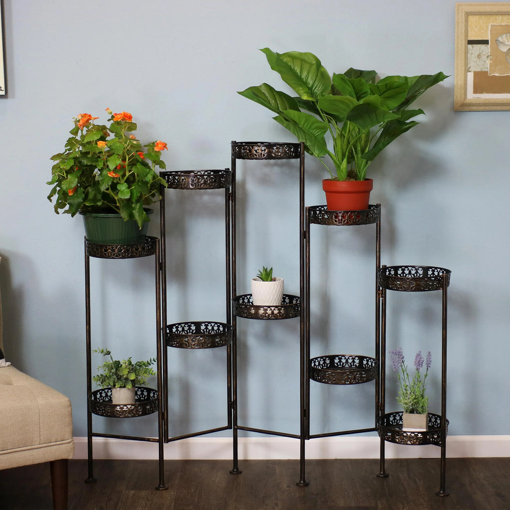 2025 Soporte Plegable para Plantas Sunnydaze de Acero en Bronce con 10 Niveles para Interior y Exterior - Altura 117 cm