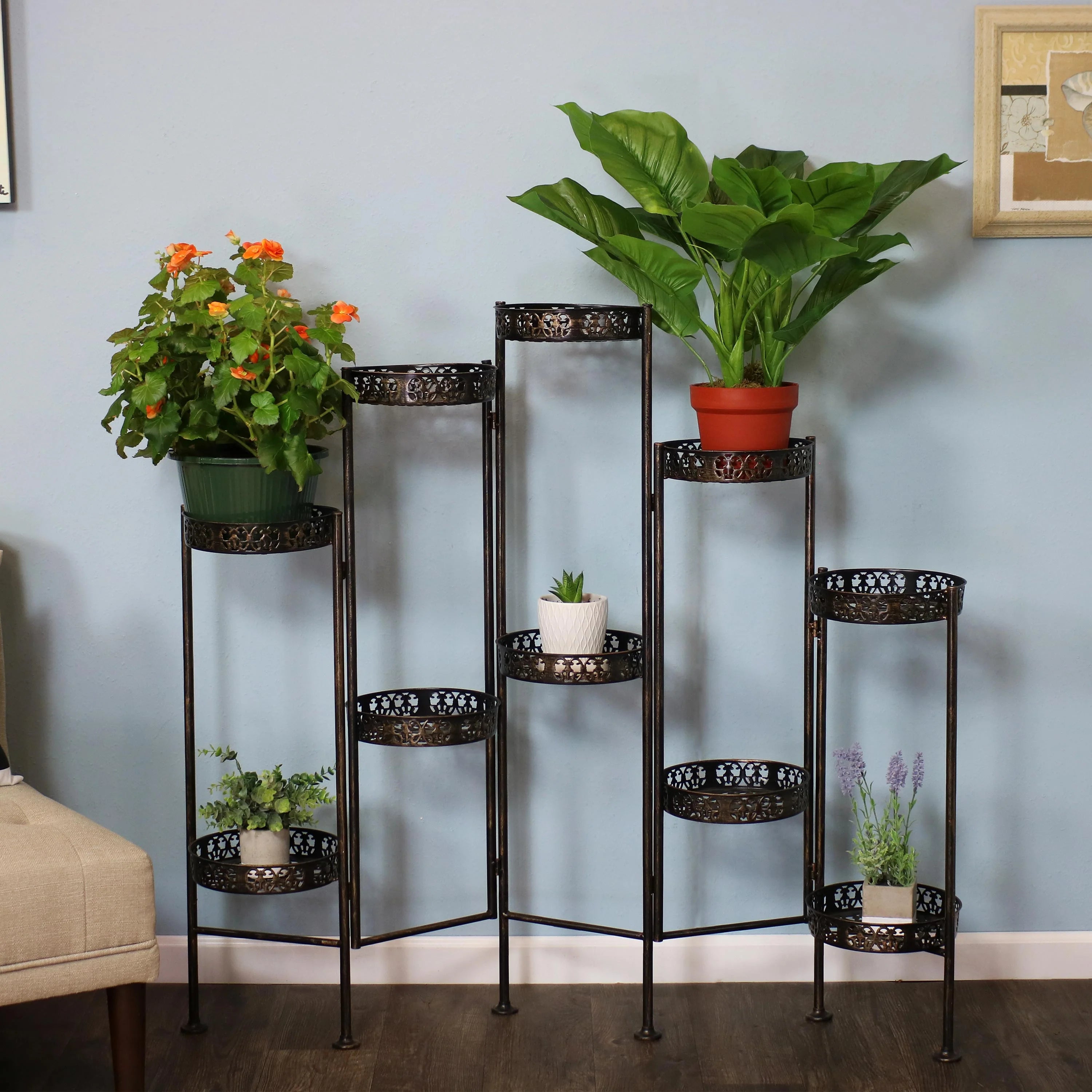 2025 Soporte Plegable para Plantas Sunnydaze de Acero en Bronce con 10 Niveles para Interior y Exterior - Altura 117 cm