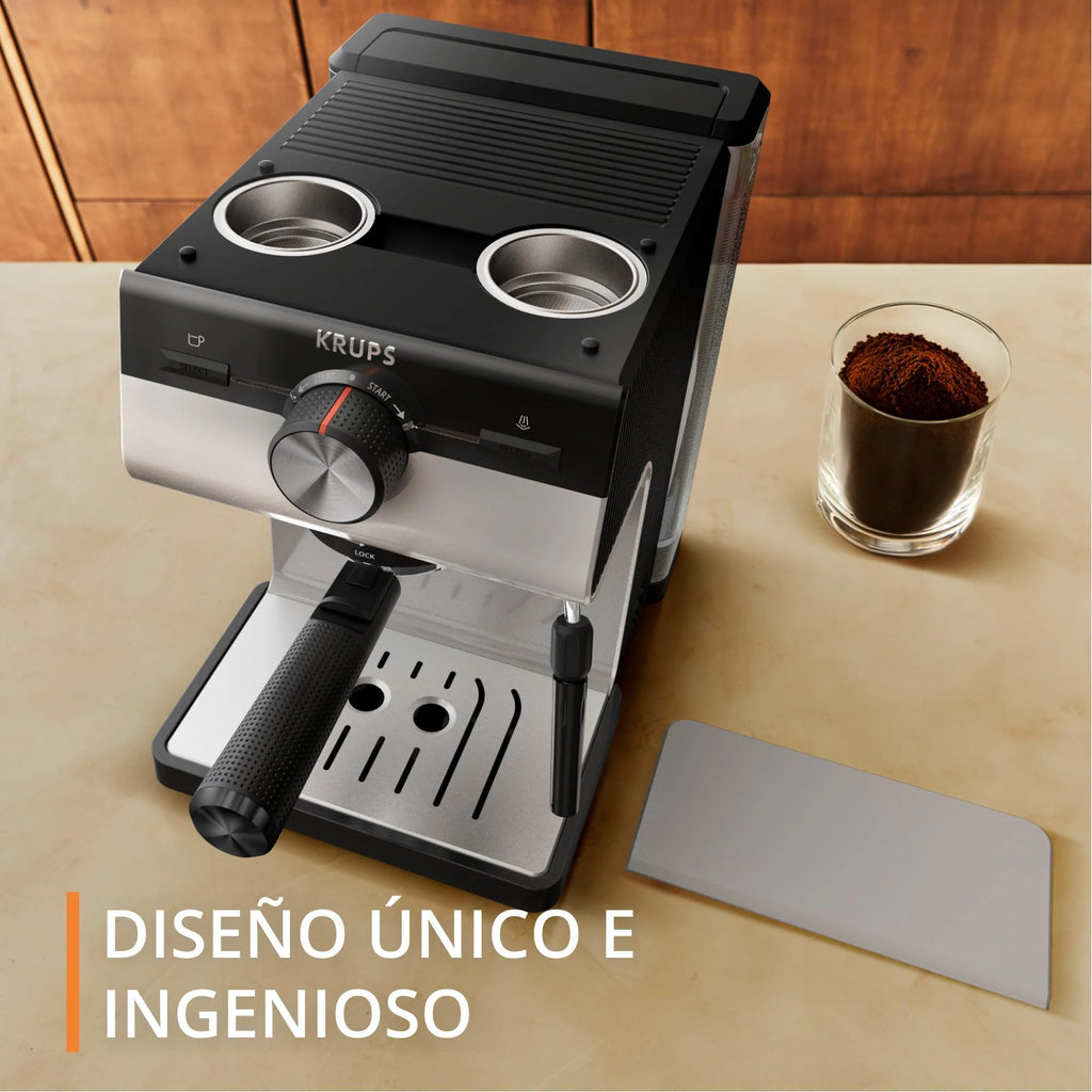 Krups Virtuoso Essential - Cafetera espresso 15 bar, acero inox negro, diseño compacto y elegante, parada automática, espresso y cappuccino, Thermoblock, boquilla de vapor, incluye cuchara, XP4418