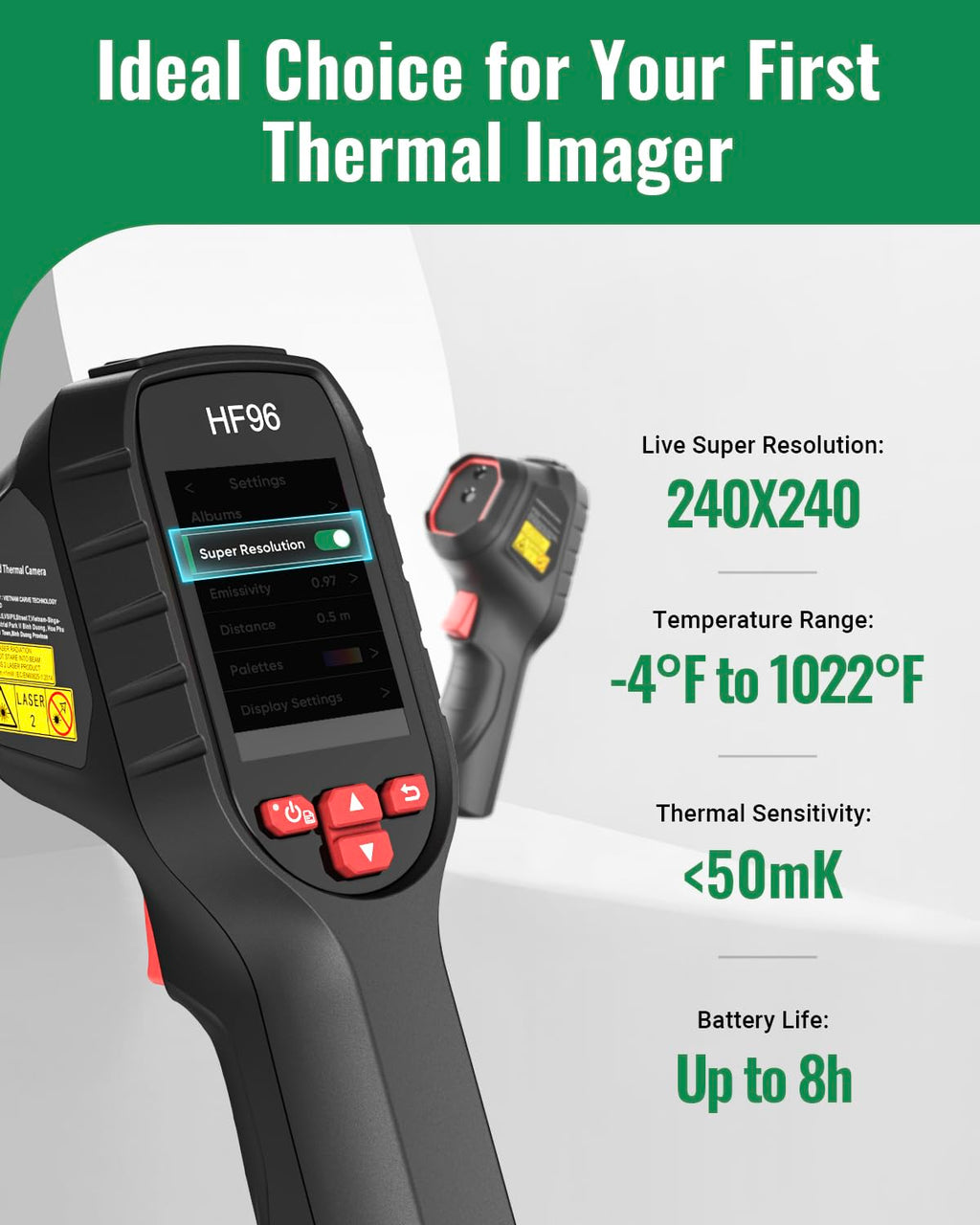 2025 Cámara térmica, súper resolución 240 x 240, cámara de imágenes térmicas con puntero láser, resolución IR 96 x 96, cámara infrarroja 25 Hz, rango de -20°C a 550°C, campo de visión 50°, autonomía 8h