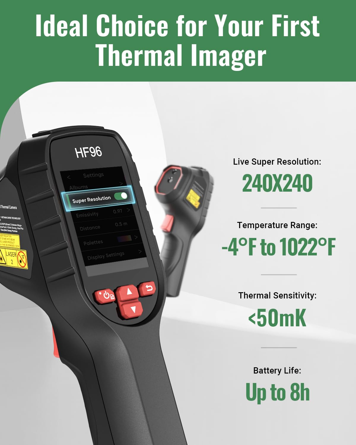 2025 Cámara térmica, súper resolución 240 x 240, cámara de imágenes térmicas con puntero láser, resolución IR 96 x 96, cámara infrarroja 25 Hz, rango de -20°C a 550°C, campo de visión 50°, autonomía 8h