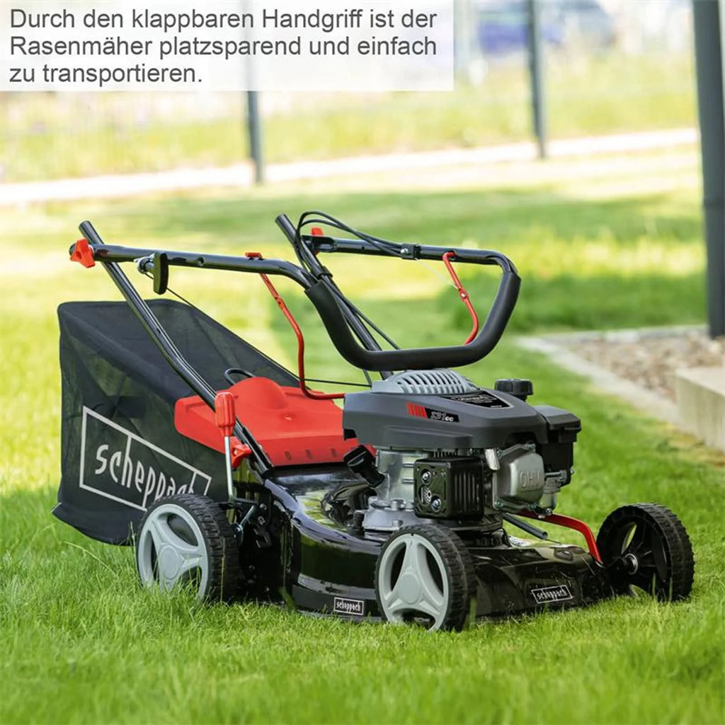 2025 Cortacésped Scheppach RM420 | 3 en 1 – 3,4 CV | Ancho de corte 420 mm | Cesto de recogida 45 L | Ajuste de altura de corte 25-75 mm | Incluye aceite para motor y cuchilla de repuesto