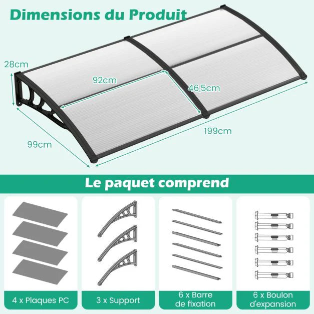 2025 Auvent para puerta de entrada de 199 x 99 cm, marquesina para puerta y ventana exterior, protección contra lluvia, nieve y viento, gris transparente