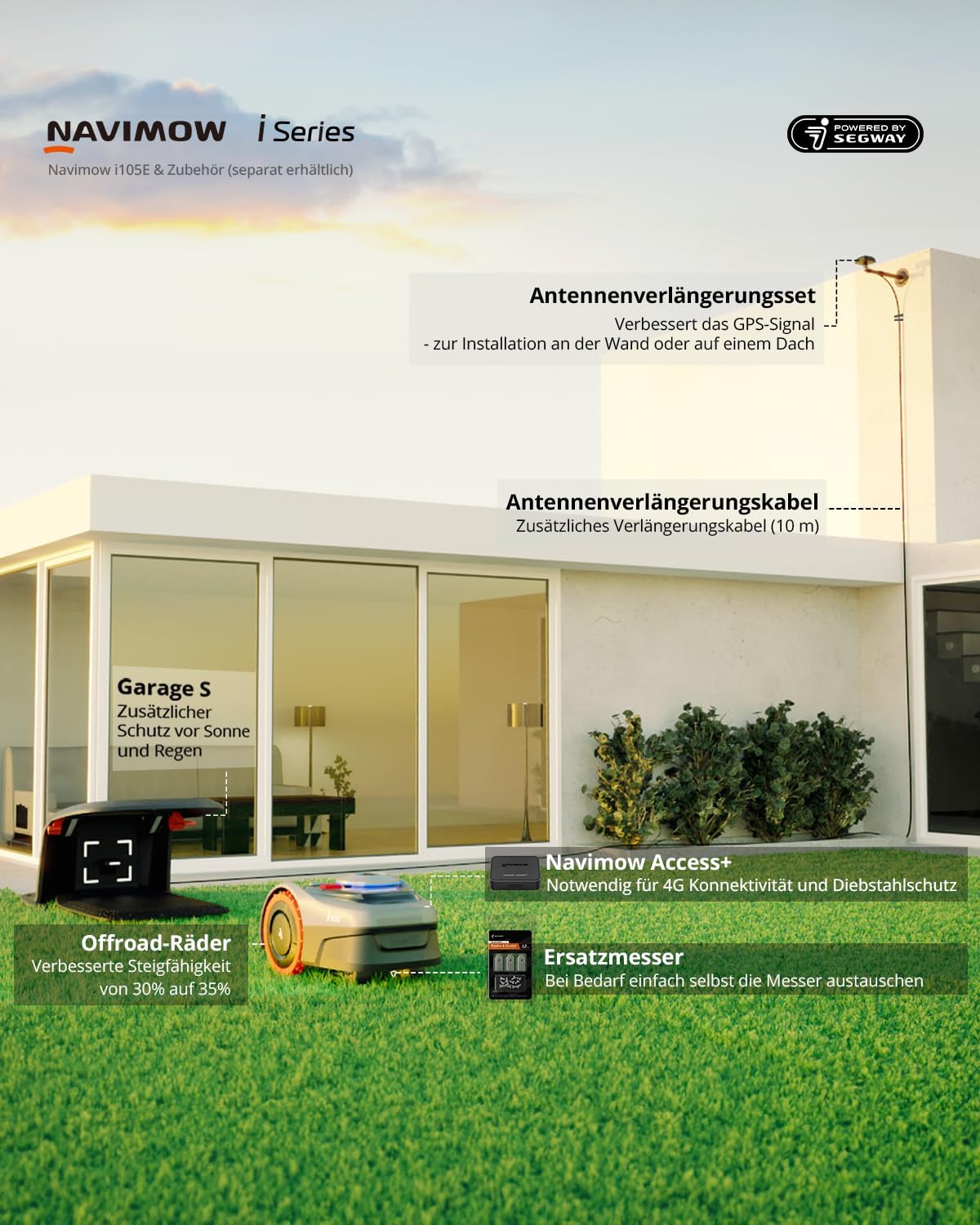 2025 Robot cortacésped Navimow i105E sin cable de delimitación, recomendado para 500 m², máximo 600 m², ganador de pruebas RTK+Vision, protección para erizos, cartografía automática con IA, delimitación virtual, multi-zonas