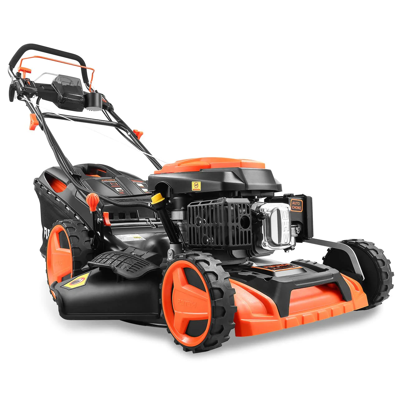 2025 Cortacésped de gasolina 4 en 1 FUXTEC FX-RM5196eS con motor ZIPGO, cortacésped de jardín con función de descarga lateral, ancho de corte 51 cm, motor de 4 tiempos con tracción trasera, ruedas grandes con rodamientos, bolsa de césped 60 L