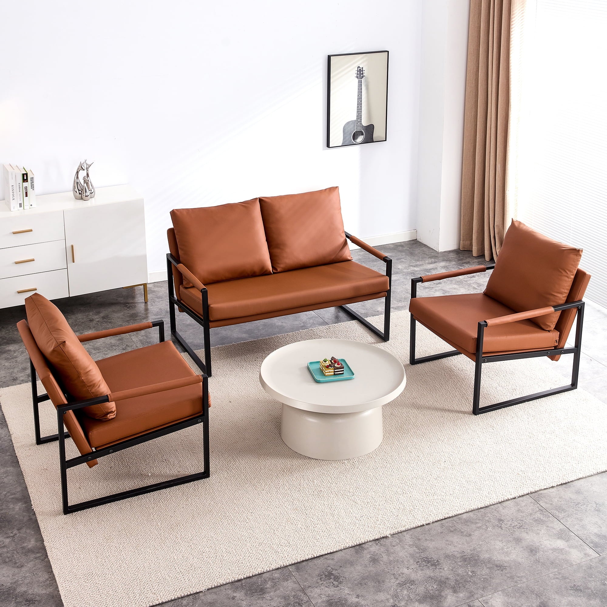 2025 Wasait canapé deux places moderne avec 2 coussins – cuir PU, mousse haute densité, cadre métallique noir. Couleur marron SF-D008