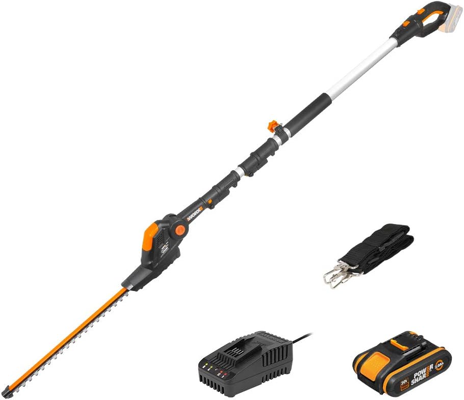 Worx 18V (20V MAX) Cortasetos Telescópica Alimentada por Batería PowerShare 2Ah WG252E, Cizalla Eléctrica, Tijeras Alimentadas por Batería con Hoja de Diamante Cortada con Láser