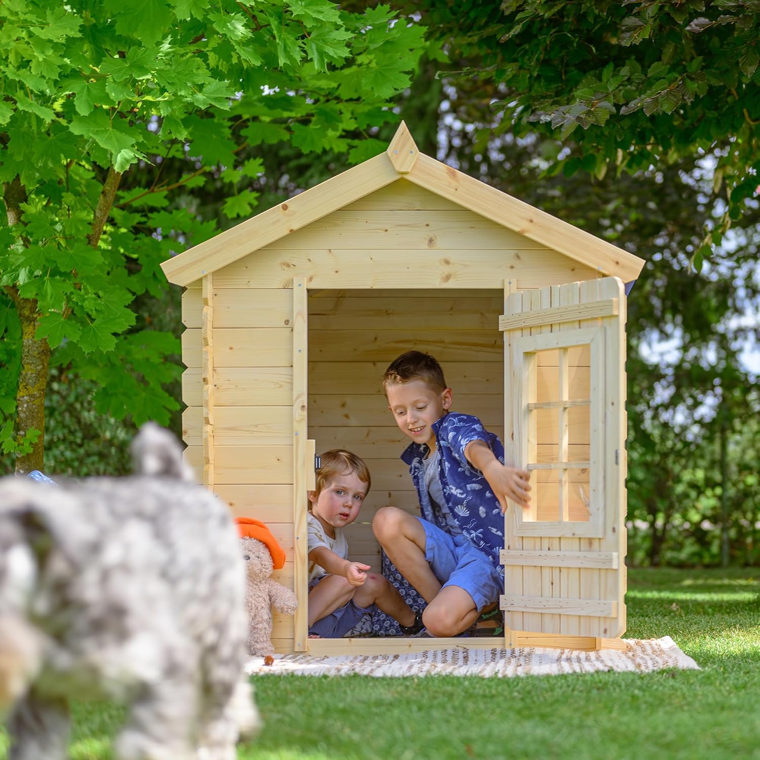 TIMBELA M570Z-1 Casa de Madera para Niños, Casita Infantil Exterior 111x113xA121 cm, Casitas Infantiles Jardin, Casa Juguete Niños, Caseta Infantil (Tetto-Colore Verde)