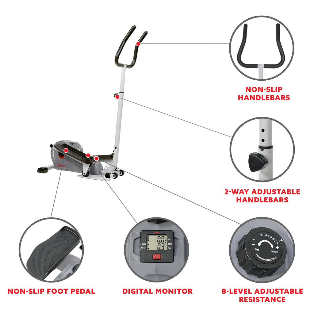 Sunny Health & Fitness Elíptica magnética compacta con manillar – stepper portátil para entrenamiento en casa, modelo SF-E3988.