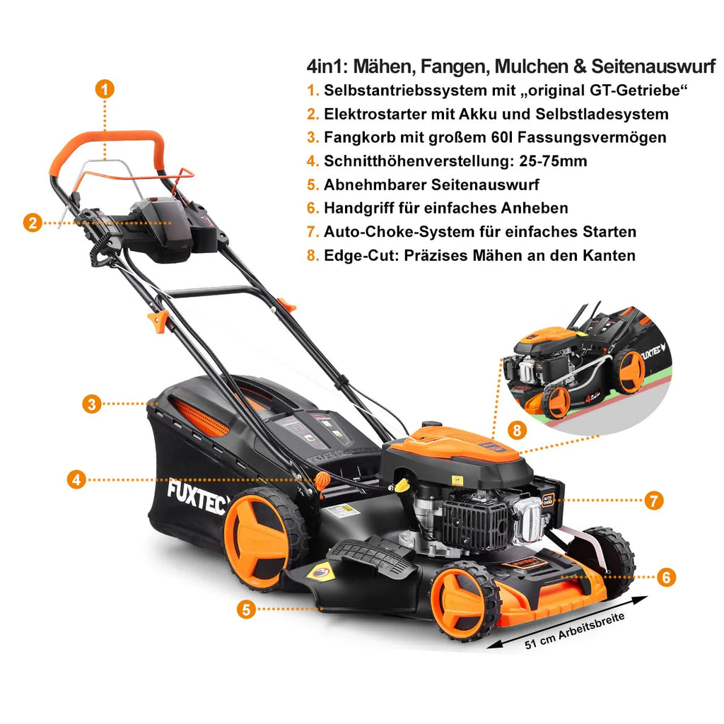 2025 Cortacésped de gasolina 4 en 1 FUXTEC FX-RM5196eS con motor ZIPGO, cortacésped de jardín con función de descarga lateral, ancho de corte 51 cm, motor de 4 tiempos con tracción trasera, ruedas grandes con rodamientos, bolsa de césped 60 L