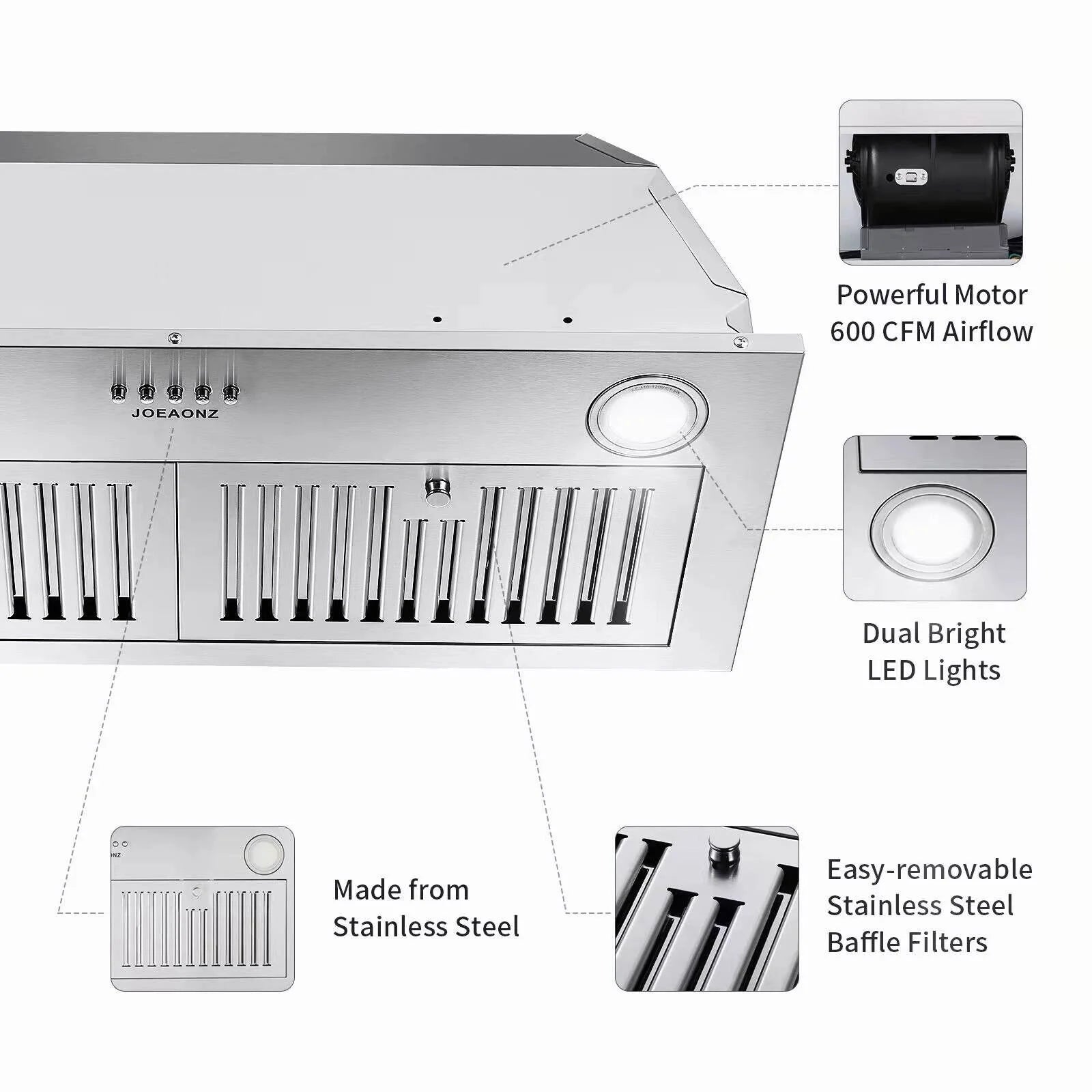 Campana extractora empotrada Zomagas de 30 pulgadas de acero inoxidable de 600 CFM con iluminación LED