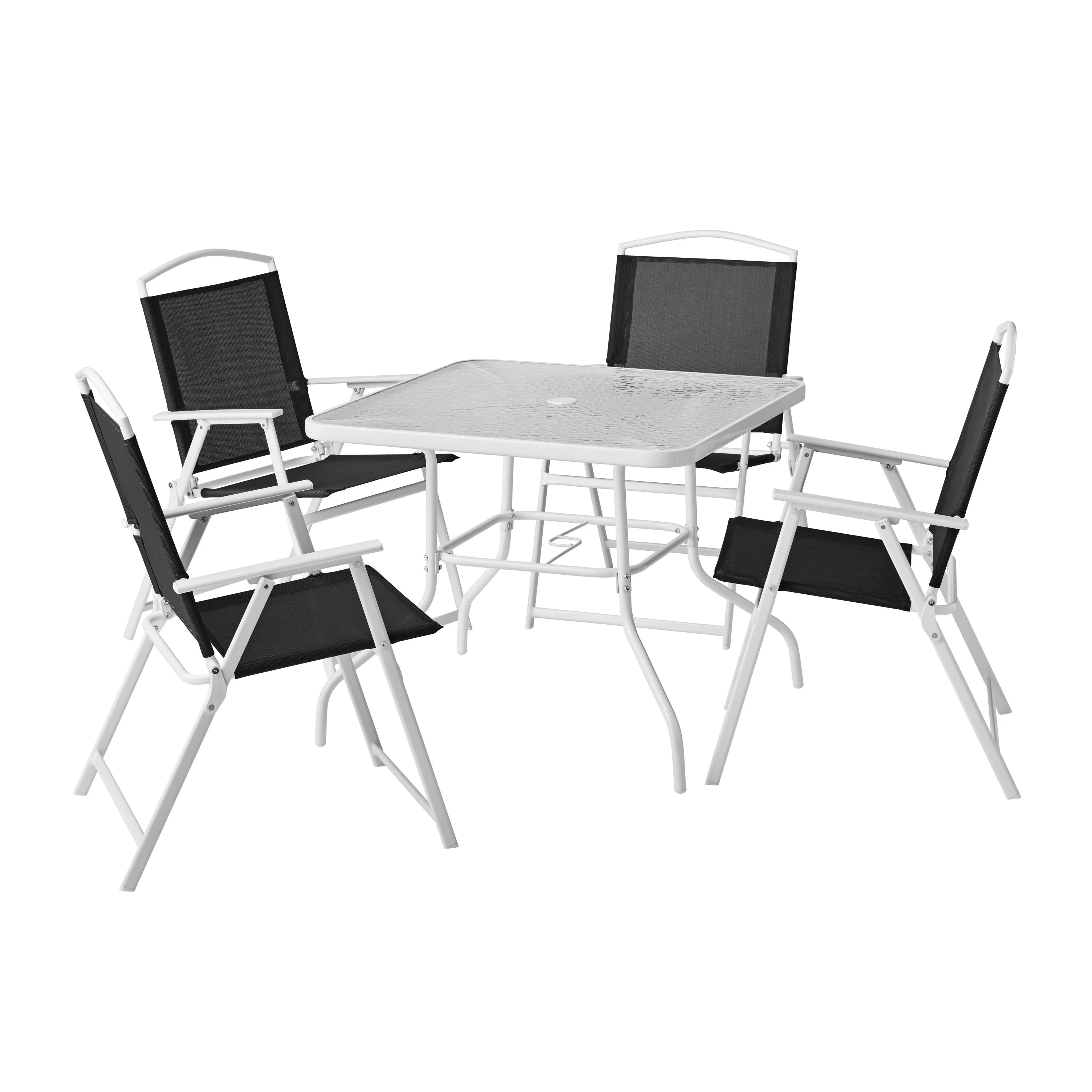 2025 Juego de comedor exterior Mainstays Albany Lane de 5 piezas, estructura de acero blanca y tela azul