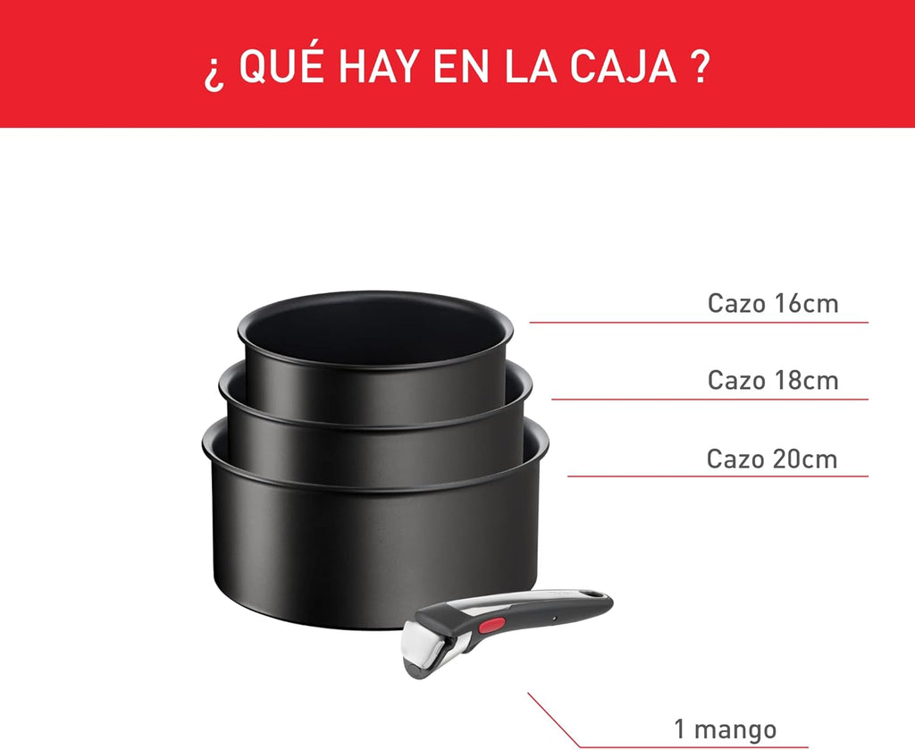 Tefal Ingenio Unlimited On - Juego de 3 Cazos 16/18/20 cm + Mango extraíble | Apto inducción, antiadherentes, revestimiento titanio, Thermo-signal, sin PFOA, apto lavavajillas y horno