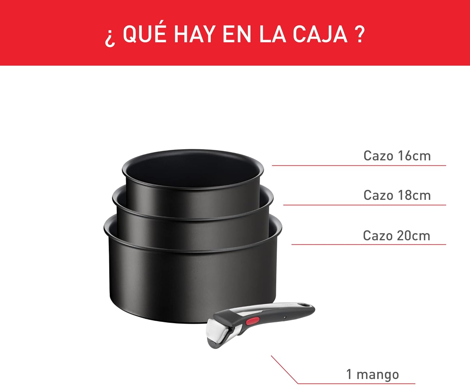 Tefal Ingenio Unlimited On - Juego de 3 Cazos 16/18/20 cm + Mango extraíble | Apto inducción, antiadherentes, revestimiento titanio, Thermo-signal, sin PFOA, apto lavavajillas y horno
