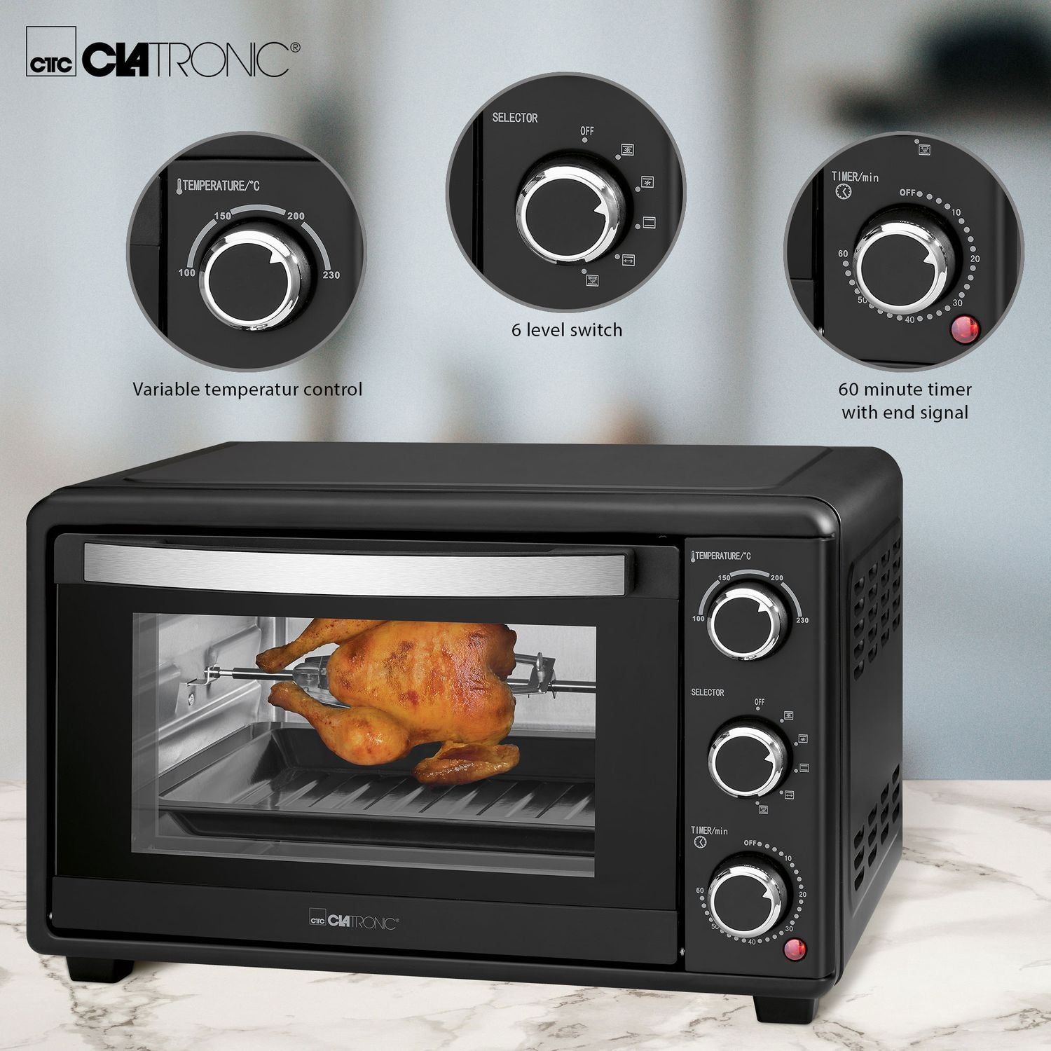Horno Convección Sobremesa, 25l,  Asador Giratorio Pollos, Grill,  6 Programas, Temporizador 60 M Negro 1500w Clatronic Mbg 3727