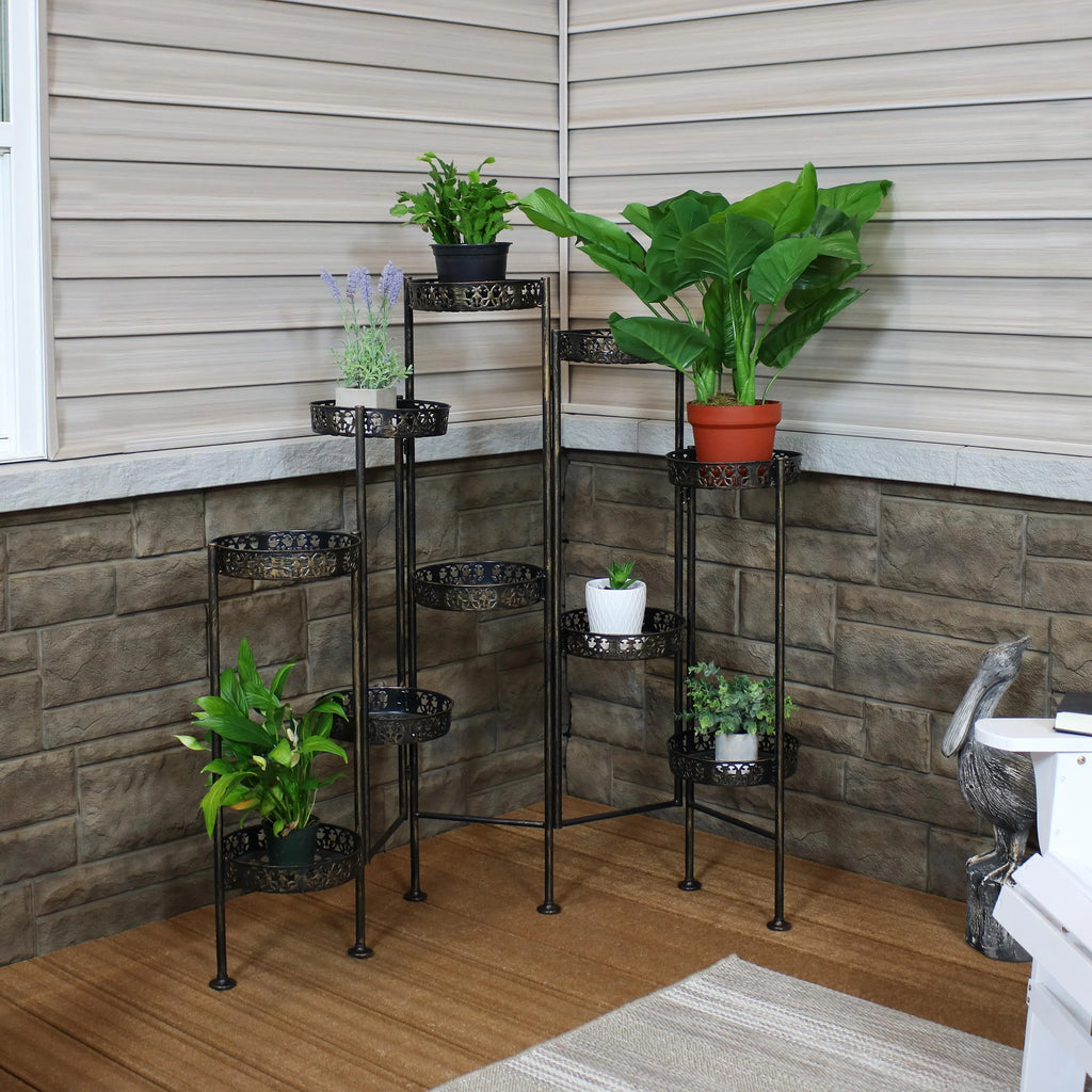 2025 Soporte Plegable para Plantas Sunnydaze de Acero en Bronce con 10 Niveles para Interior y Exterior - Altura 117 cm