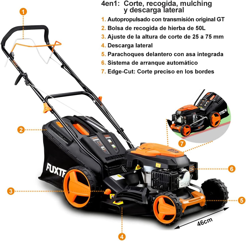 Cortacésped de Gasolina FUXTEC FX-RM4646ECO 46cm de Anchura de Corte - Potente Motor de Gasolina de 146cc Easy Clean 3en1 2,6KW Mulching recogedor de Hierba 50L