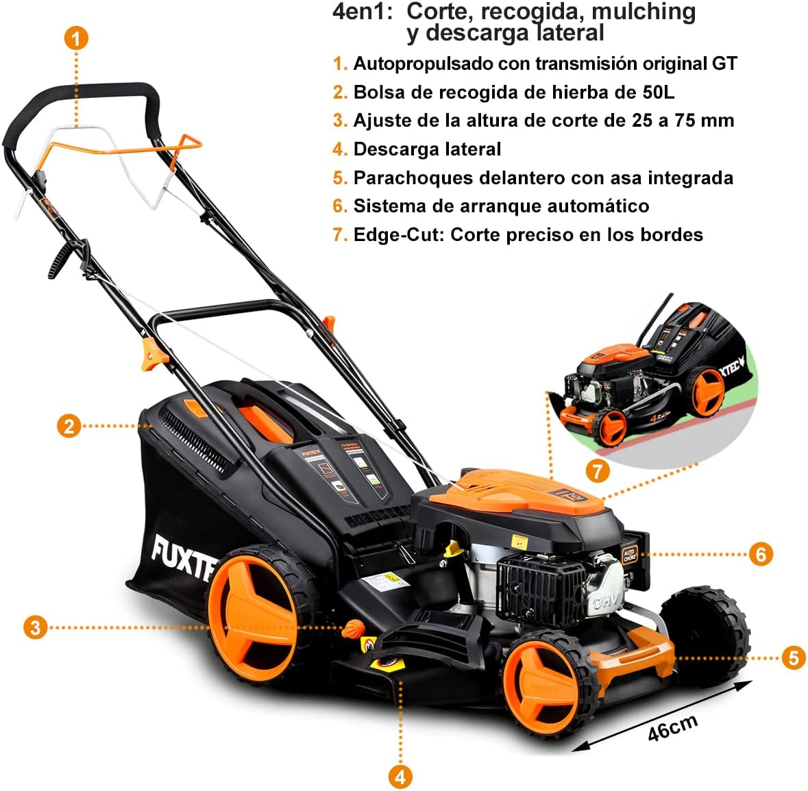 Cortacésped de Gasolina FUXTEC FX-RM4646ECO 46cm de Anchura de Corte - Potente Motor de Gasolina de 146cc Easy Clean 3en1 2,6KW Mulching recogedor de Hierba 50L