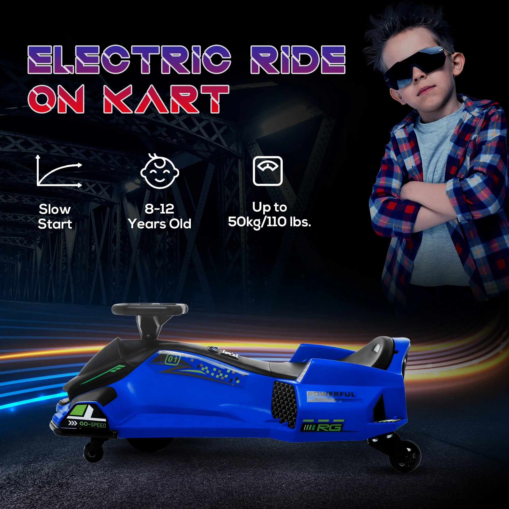 2025 Kart eléctrico Aosom 12 V con arranque progresivo, música y luces, azul.