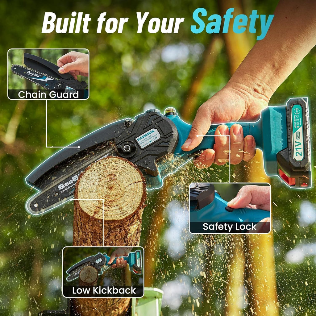 SEESII 2-in-1 Cordless Chain Saw and Mini Chainsaw with 2 4000mAh Batteries, 8 Inch Brushless Chainsaw with Telescopic Pole, Extendable up to 15 Feet for Tree Pruning