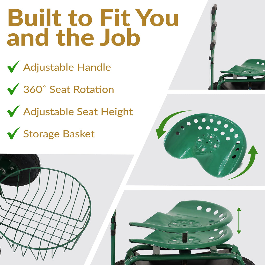 2025 Carrito de Jardín Rodante Sunnydaze con Asiento Giratorio, Manillar y Cesta