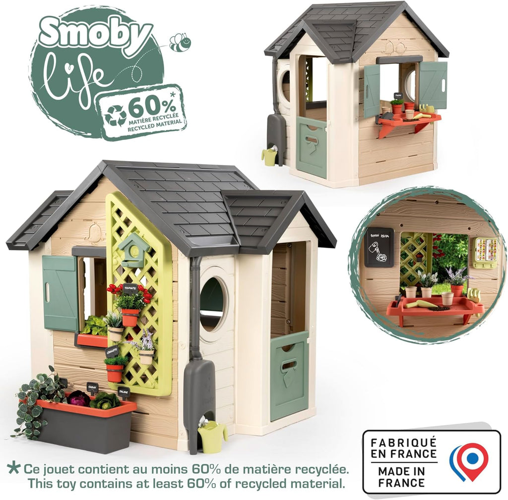 Smoby Life Garden House - Casa de Jardín Infantil de jardinería- Incluye Jardinera, Comedero para Pájaros, Herramientas y Accesorios - Protección UV - Material Reciclado - más de 2 años (7600810408)