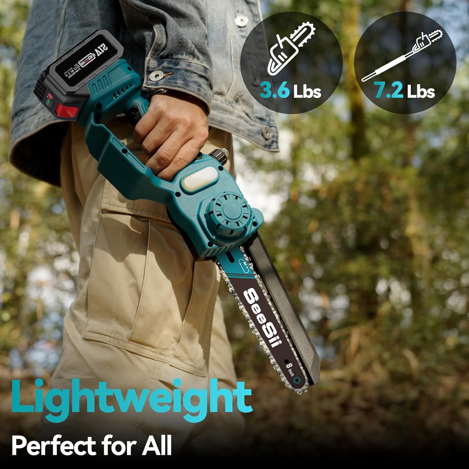 SEESII 2-in-1 Cordless Chain Saw and Mini Chainsaw with 2 4000mAh Batteries, 8 Inch Brushless Chainsaw with Telescopic Pole, Extendable up to 15 Feet for Tree Pruning