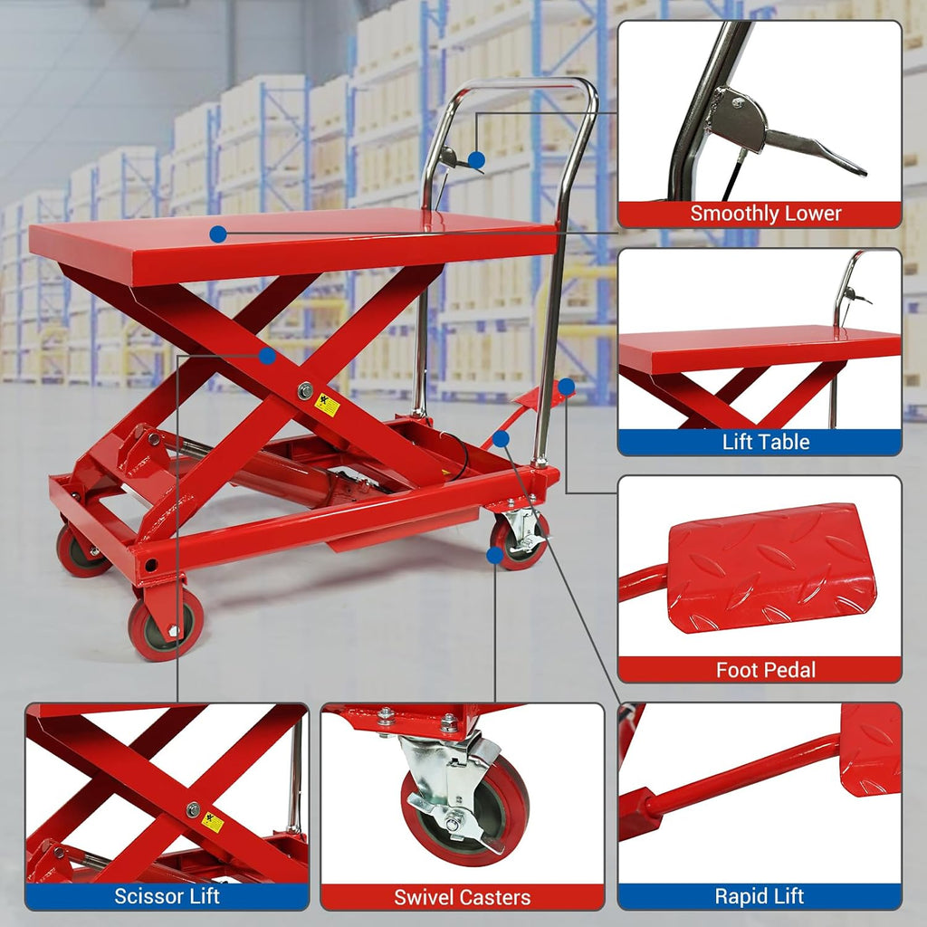 2025 Mesa elevadora hidráulica de tijera doble, capacidad 500 lbs, altura de elevación 30", carrito con 4 ruedas y base antideslizante, para manipulación y transporte de materiales