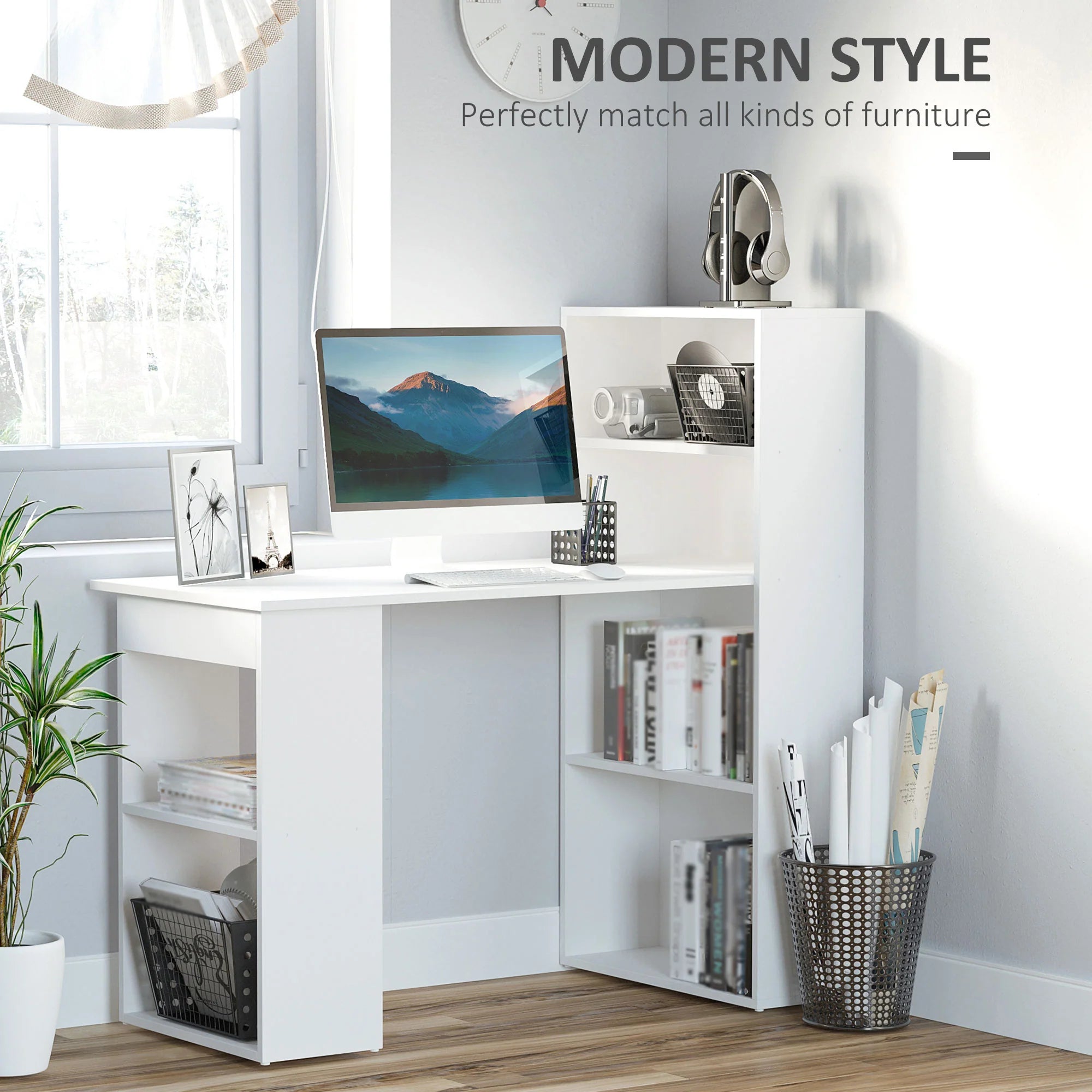 Escritorio de Ordenador Moderno de 120 cm con Estantería, Mesa de Estudio y Estación de Trabajo con 6 Estantes, Blanco