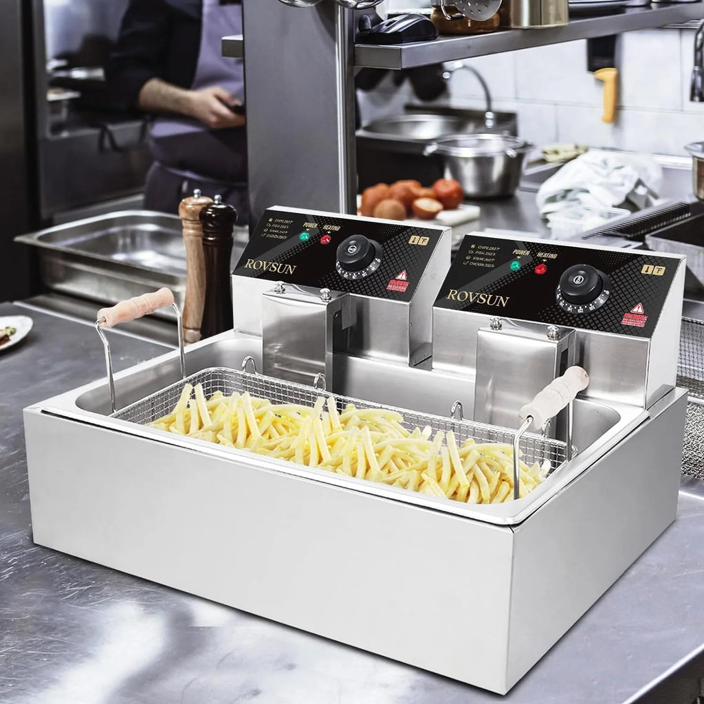 Freidora eléctrica ROVSUN de 23,8 Qt con gran canasta única y tapa, temperatura ajustable, freidora comercial de acero inoxidable para papas fritas, aros de cebolla y pavo, 5000 W.