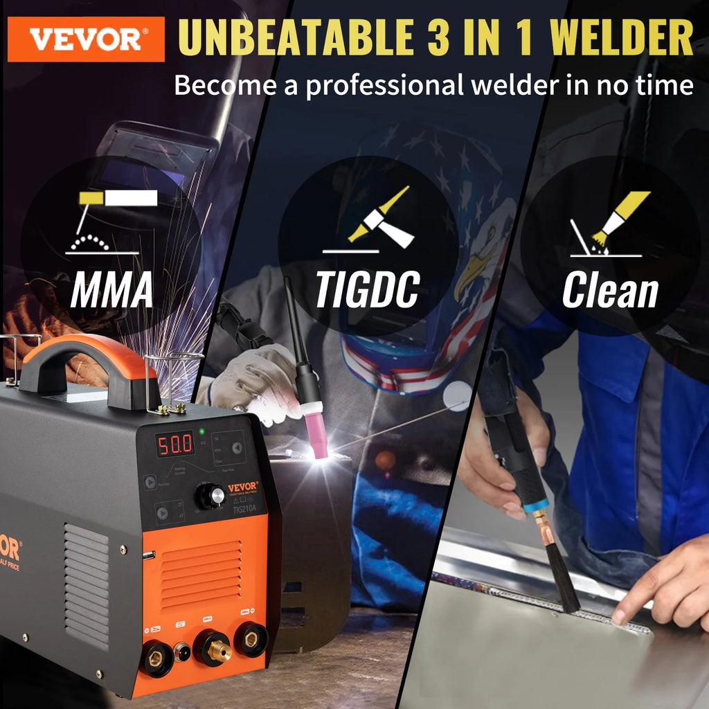 2025 Soldadora TIG VEVOR 210A 3-en-1, bi-tensión 110/220V, modos HF TIG / MMA / limpieza con USB, inversor IGBT y antorcha, máquina de arco digital para acero inoxidable, hierro, acero estructural, cobre y níquel