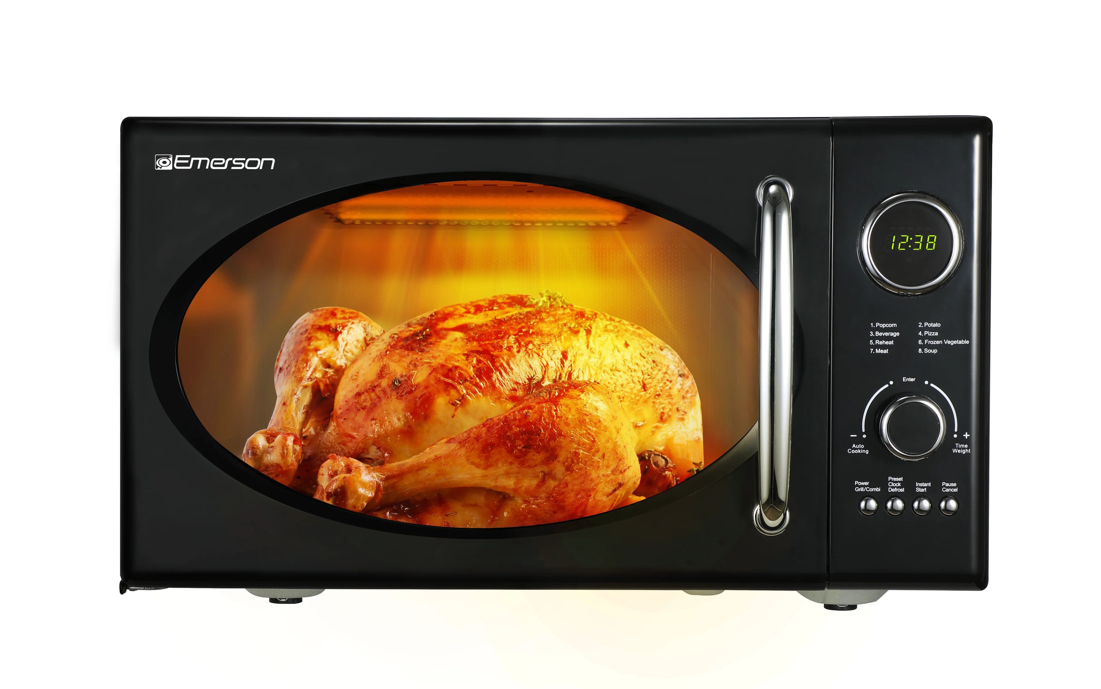 2025 Microondas retro negro Emerson 0,9 pies³ 800 W con función grill, modelo MWRG0901BK.