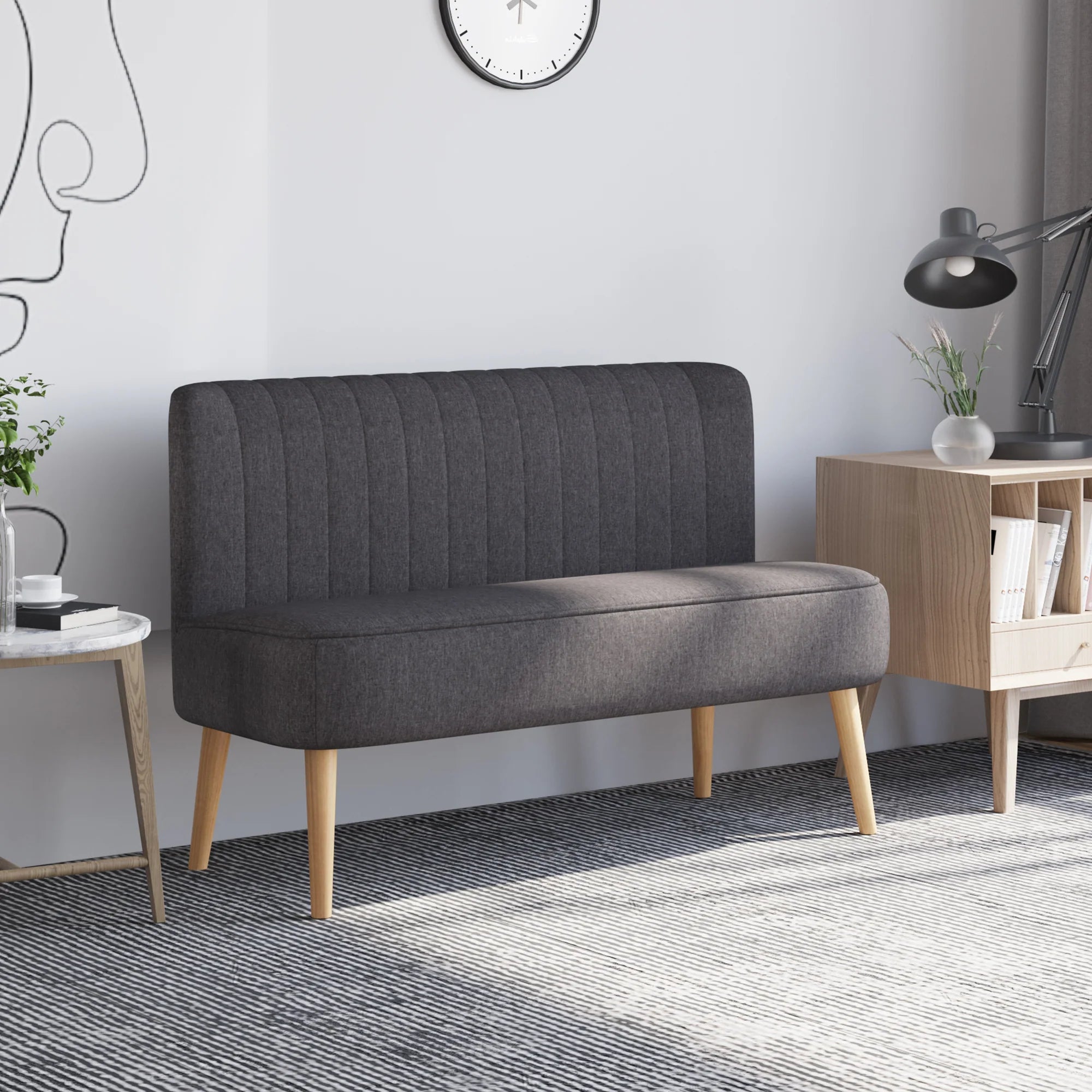 Sofá moderno de lino para 2 plazas, sofá compacto con acolchado y patas de madera, gris