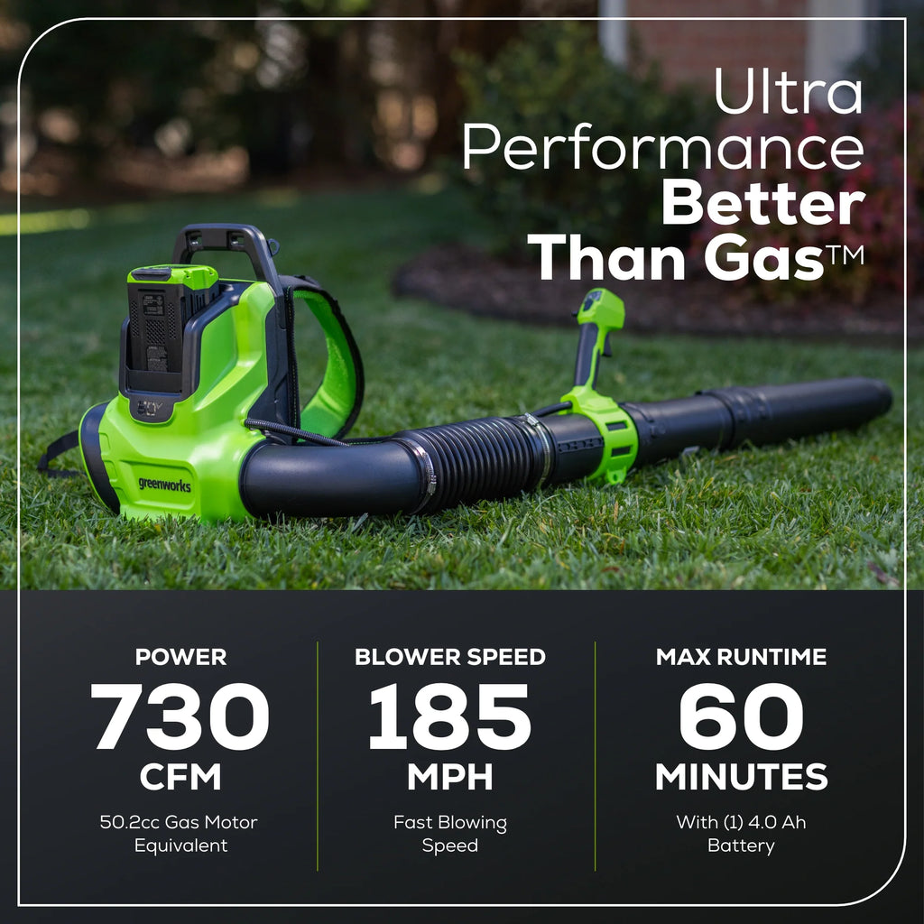 2025 Soplador de mochila inalámbrico 60V 730 CFM con batería de 4.0Ah y cargador 3A