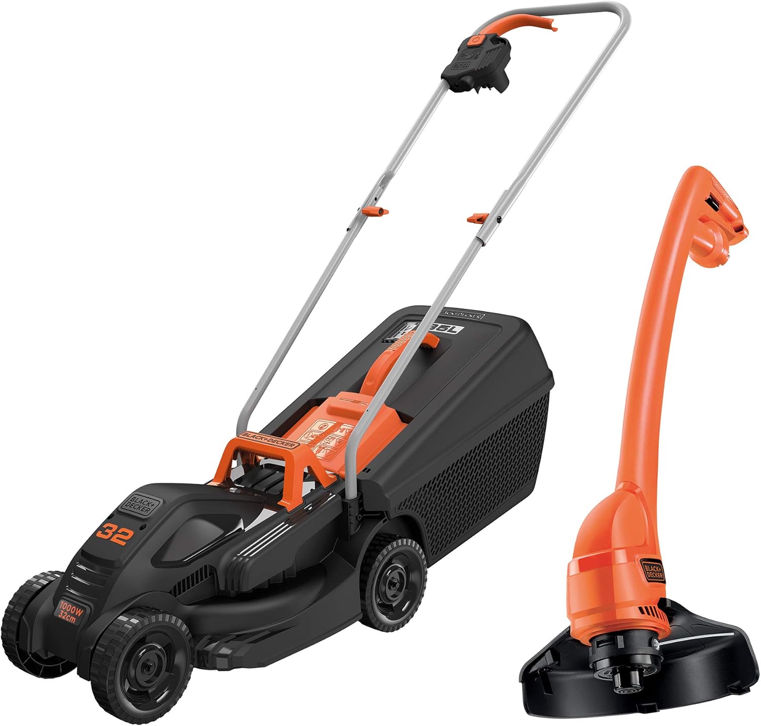 BLACK+DECKER Cortacésped eléctrico 1000W, ancho de corte 32 cm, ajuste de altura de 20-60mm, depósito de 35L, incluye desbrozadora 250W, sistema E-Drive, para jardines hasta 250m², BEMW351GL2