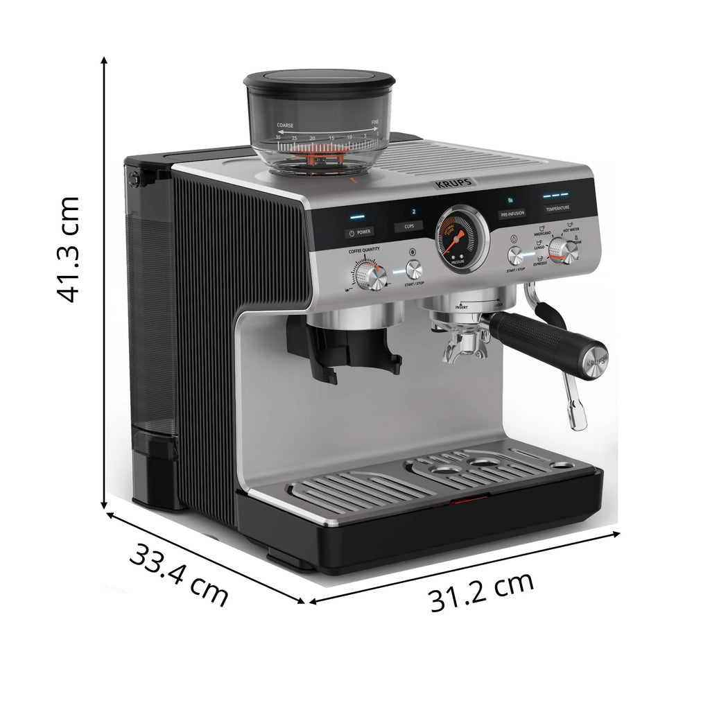 Krups Virtuoso Essential - Cafetera espresso 15 bar, acero inox negro, diseño compacto y elegante, parada automática, espresso y cappuccino, Thermoblock, boquilla de vapor, incluye cuchara, XP4418