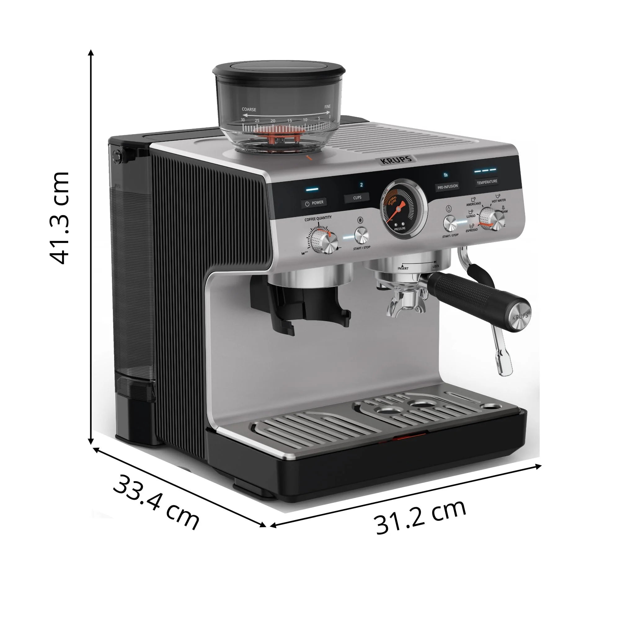 Krups Virtuoso Essential - Cafetera espresso 15 bar, acero inox negro, diseño compacto y elegante, parada automática, espresso y cappuccino, Thermoblock, boquilla de vapor, incluye cuchara, XP4418