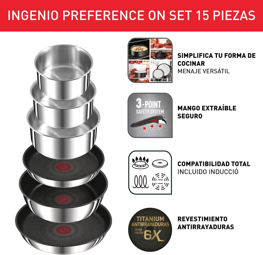 Tefal Ingenio Preference On Set of 2 Frying Pans 24/28 cm + 2 Saucepans 16/20 cm + 24 cm Pot + 26 cm Wok + 2 Removable Handles + 5 Accessories | Induction Safe, Non-Stick, PFOA Free