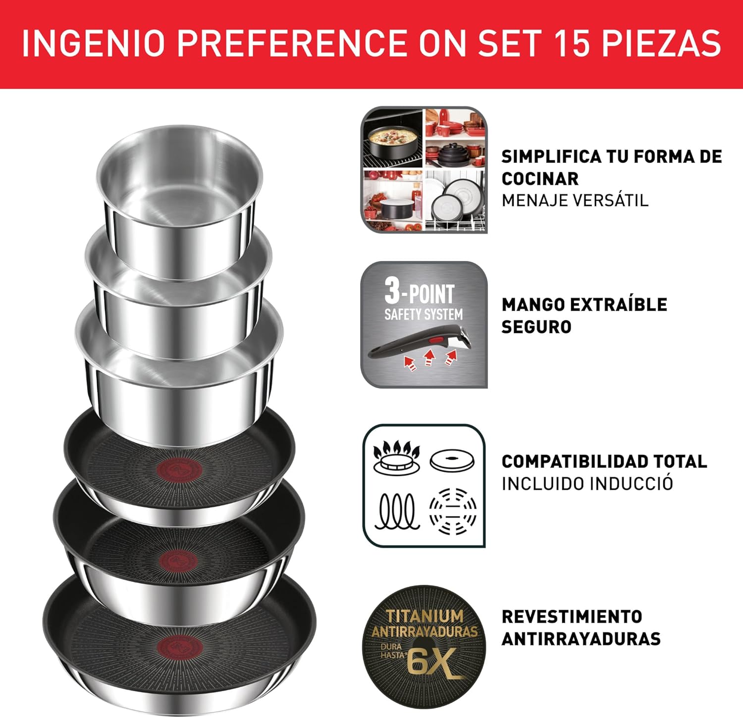 Tefal Ingenio Preference On Set of 2 Frying Pans 24/28 cm + 2 Saucepans 16/20 cm + 24 cm Pot + 26 cm Wok + 2 Removable Handles + 5 Accessories | Induction Safe, Non-Stick, PFOA Free