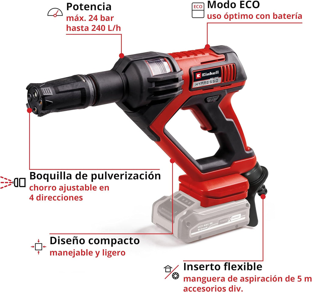 Einhell Pressure Washer Gun with HYPRESSO 18/24.1 Power X-Change Battery (18 V, 24 Bar, Mobile Cleaning and Watering, 240 L/h, Incl. Accessories, Without Battery or Charger)